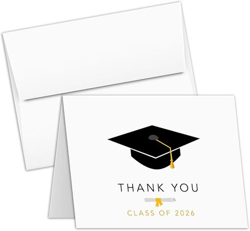بطاقات التخرج 2026 - بطاقة شكر - تحية وتقدير وبطاقة تهنئة احتفالية لطيفة وأنيقة | 4.25 × 5.5 بوصة عند طيها (حجم A2) | غطاء بوزن 80 رطلًا (216 جرامًا للمتر المربع) | 25 لكل عبوة (فئة 2026) in Kuwait