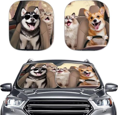 Drving Corgi Car Windows Front Sunshade السيارات الزجاج الأمامي الشمس الظل 2 قطعة السيارات الظل عاكس سيارة ظلة الأشعة فوق البنفسجية حماية الشمس والدليل السيارات الظل in Kuwait
