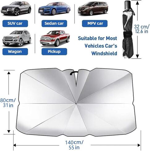 2026 Car Windshield Sun Shade Umbrella, Foldable Front Window Sunshade, 5-Layer UV Block & Heat Insulation Protection, Medium 55"x31" for Mid-Size Sedan in Saudi Arabia