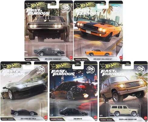 نموذج سيارة مصبوب بمقياس 1:64 متوافق مع حافظة Hot Wheels Fast & Furious للذكرى السنوية الخامسة والعشرين المتميزة 2026 Q، مجموعة من 5 سيارات، HNW46-956Q in Kuwait