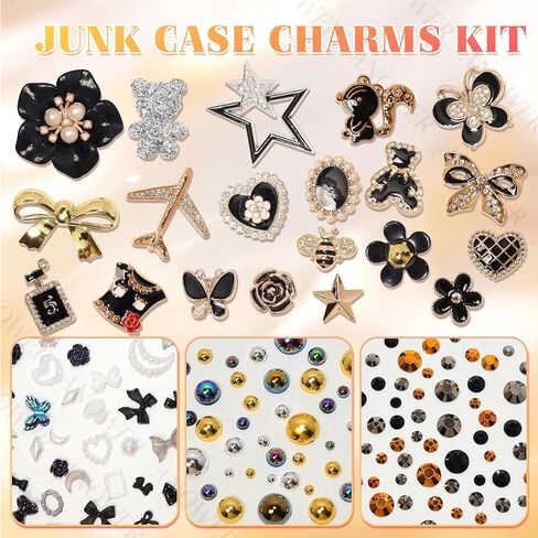 680 Pcs Black Theme Junk Case Charms Kit, 3D Flower Bear Butterfly Charm for Phone Case, Mixed Flower Bow Heart Pearls Flatback Resin Charms for Crafting DIY Craft Accessories in Saudi Arabia