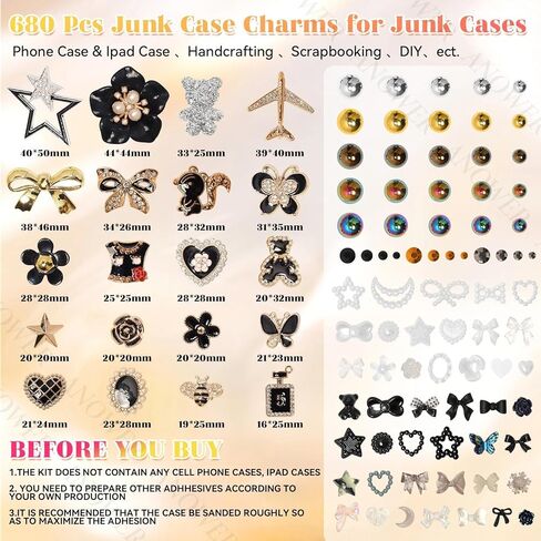 680 Pcs Black Theme Junk Case Charms Kit, 3D Flower Bear Butterfly Charm for Phone Case, Mixed Flower Bow Heart Pearls Flatback Resin Charms for Crafting DIY Craft Accessories in Saudi Arabia