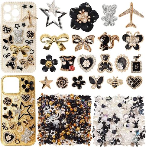 680 Pcs Black Theme Junk Case Charms Kit, 3D Flower Bear Butterfly Charm for Phone Case, Mixed Flower Bow Heart Pearls Flatback Resin Charms for Crafting DIY Craft Accessories in Saudi Arabia