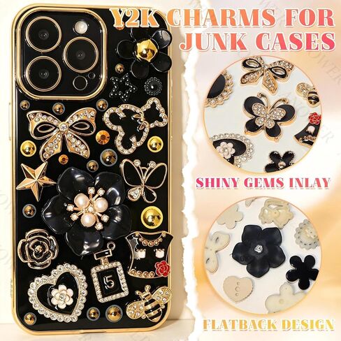 680 Pcs Black Theme Junk Case Charms Kit, 3D Flower Bear Butterfly Charm for Phone Case, Mixed Flower Bow Heart Pearls Flatback Resin Charms for Crafting DIY Craft Accessories in Saudi Arabia