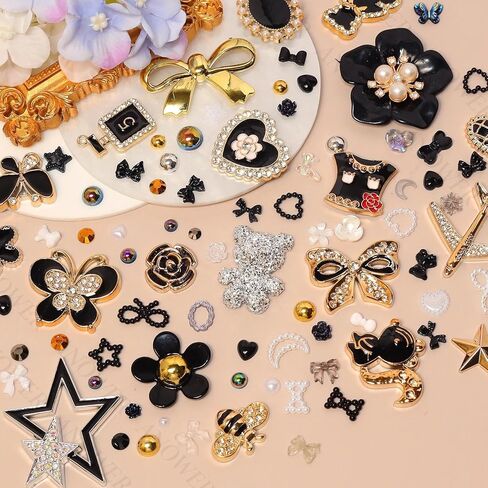 680 Pcs Black Theme Junk Case Charms Kit, 3D Flower Bear Butterfly Charm for Phone Case, Mixed Flower Bow Heart Pearls Flatback Resin Charms for Crafting DIY Craft Accessories in Saudi Arabia