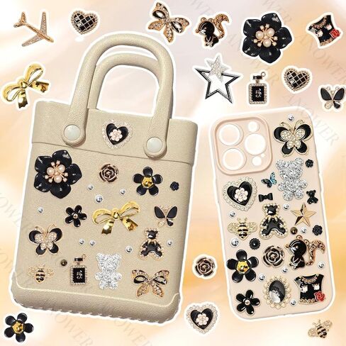 680 Pcs Black Theme Junk Case Charms Kit, 3D Flower Bear Butterfly Charm for Phone Case, Mixed Flower Bow Heart Pearls Flatback Resin Charms for Crafting DIY Craft Accessories in Saudi Arabia