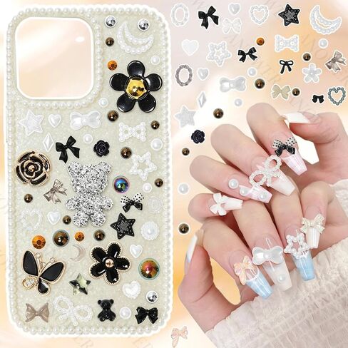 680 Pcs Black Theme Junk Case Charms Kit, 3D Flower Bear Butterfly Charm for Phone Case, Mixed Flower Bow Heart Pearls Flatback Resin Charms for Crafting DIY Craft Accessories in Saudi Arabia
