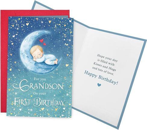 Ogeby Cute First Birthday Card for Grandson, Starry Themed 1st Bday from Grandpa Grandma, For You Grandson on Your First Birthday in Saudi Arabia