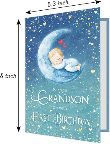 Ogeby Cute First Birthday Card for Grandson, Starry Themed 1st Bday from Grandpa Grandma, For You Grandson on Your First Birthday in Saudi Arabia