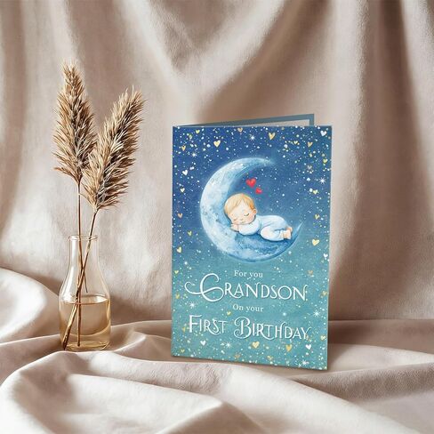 Ogeby Cute First Birthday Card for Grandson, Starry Themed 1st Bday from Grandpa Grandma, For You Grandson on Your First Birthday in Saudi Arabia