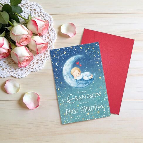 Ogeby Cute First Birthday Card for Grandson, Starry Themed 1st Bday from Grandpa Grandma, For You Grandson on Your First Birthday in Saudi Arabia