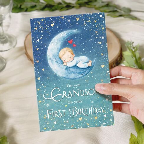 Ogeby Cute First Birthday Card for Grandson, Starry Themed 1st Bday from Grandpa Grandma, For You Grandson on Your First Birthday in Saudi Arabia