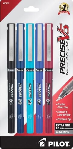 PILOT Precise V5 Rolling Ball Stick Pen with Liquid Ink, 0.5mm Extra Fine, Assorted Colors, 5 Pens in Kuwait