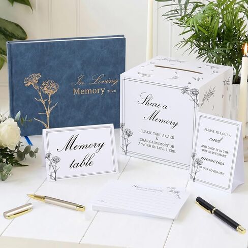 Funeral Guest Book for Memorial Service – Elegant Funeral Guest Book Set Includes 50 Blank Memory Cards, Memory Table Card, Instruction Card, Card Drop Box, and Funeral Guest Book for Memorial Service in Saudi Arabia