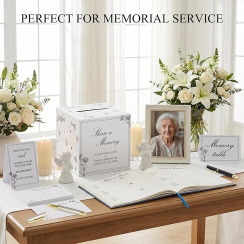 Funeral Guest Book for Memorial Service – Elegant Funeral Guest Book Set Includes 50 Blank Memory Cards, Memory Table Card, Instruction Card, Card Drop Box, and Funeral Guest Book for Memorial Service in Saudi Arabia