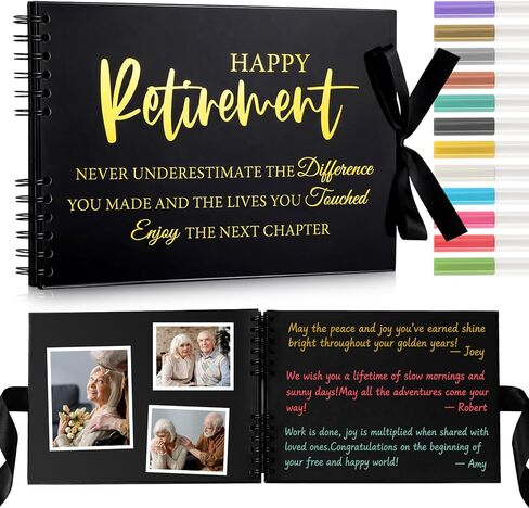 Gilprop 2026 Happy Retirement Guest Book with 12 Basics Colored Markers 12'' x 8'' Retirement Party Decorations Gold Foil Hardcover Scrapbook Photo Album Colleague Friend Ready to Retire Gifts(Black) in Saudi Arabia