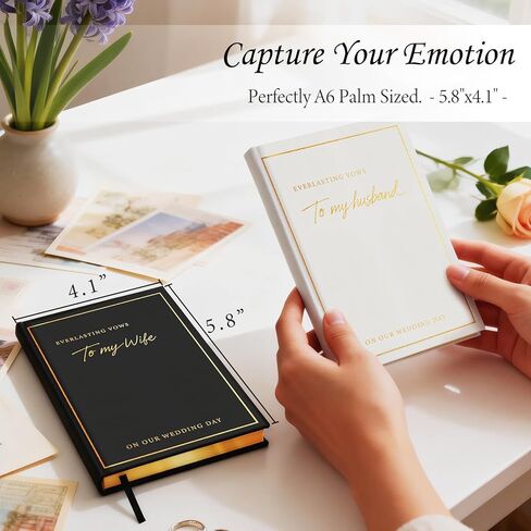 Wedding Vow Books His and Hers with Gold Foil Lettering & Gilded Edges, 5.8 x 4.1 Inch Premium Wedding Registry Must Haves, Wedding Gift Keepsake, 48 Lined Pages (Black and Ivory White) in Saudi Arabia