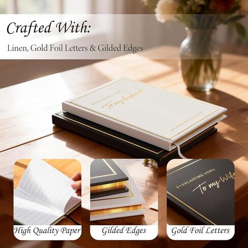 Wedding Vow Books His and Hers with Gold Foil Lettering & Gilded Edges, 5.8 x 4.1 Inch Premium Wedding Registry Must Haves, Wedding Gift Keepsake, 48 Lined Pages (Black and Ivory White) in Saudi Arabia