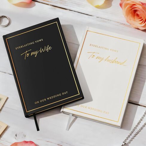 Wedding Vow Books His and Hers with Gold Foil Lettering & Gilded Edges, 5.8 x 4.1 Inch Premium Wedding Registry Must Haves, Wedding Gift Keepsake, 48 Lined Pages (Black and Ivory White) in Saudi Arabia
