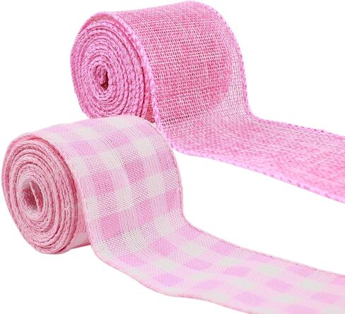2PCS Wired Fabric Ribbon Burlap Style Craft Ribbon with Buffalo Check Pattern for Gift Wrap Wreath Making Farmhouse Party Decor DIY Projects Pink(2.5 Inch 10 Yards) in Kuwait