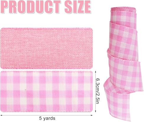 2PCS Wired Fabric Ribbon Burlap Style Craft Ribbon with Buffalo Check Pattern for Gift Wrap Wreath Making Farmhouse Party Decor DIY Projects Pink(2.5 Inch 10 Yards) in Kuwait