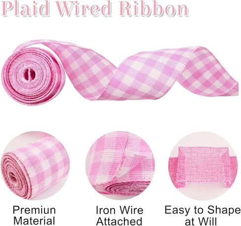 2PCS Wired Fabric Ribbon Burlap Style Craft Ribbon with Buffalo Check Pattern for Gift Wrap Wreath Making Farmhouse Party Decor DIY Projects Pink(2.5 Inch 10 Yards) in Kuwait