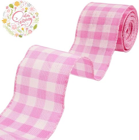 2PCS Wired Fabric Ribbon Burlap Style Craft Ribbon with Buffalo Check Pattern for Gift Wrap Wreath Making Farmhouse Party Decor DIY Projects Pink(2.5 Inch 10 Yards) in Kuwait