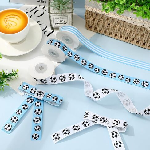 شريط JarThenaAMCS لكرة القدم Grosgrain مقاس 0.8 بوصة شريط تغليف من القماش باللون الأزرق والأبيض للرياضة DIY مستلزمات صناعة إكليل الزهور، 15 ياردة in Kuwait