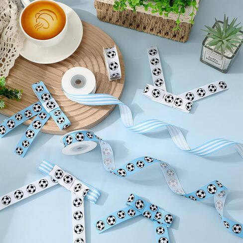 شريط JarThenaAMCS لكرة القدم Grosgrain مقاس 0.8 بوصة شريط تغليف من القماش باللون الأزرق والأبيض للرياضة DIY مستلزمات صناعة إكليل الزهور، 15 ياردة in Kuwait