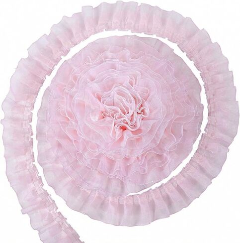 10 Yard Pink Lace Ribbon, Double-Layer Pleated Chiffon Lace Trim Pink Ruffle Ribbon Satin Organza Pleated Edging Trimmings for Home DIY Crafts Embellishment (4.5cm×10yard) in Kuwait