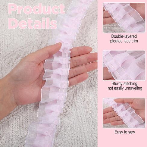10 Yard Pink Lace Ribbon, Double-Layer Pleated Chiffon Lace Trim Pink Ruffle Ribbon Satin Organza Pleated Edging Trimmings for Home DIY Crafts Embellishment (4.5cm×10yard) in Kuwait