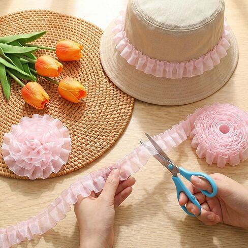 10 Yard Pink Lace Ribbon, Double-Layer Pleated Chiffon Lace Trim Pink Ruffle Ribbon Satin Organza Pleated Edging Trimmings for Home DIY Crafts Embellishment (4.5cm×10yard) in Kuwait