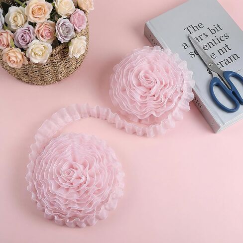 10 Yard Pink Lace Ribbon, Double-Layer Pleated Chiffon Lace Trim Pink Ruffle Ribbon Satin Organza Pleated Edging Trimmings for Home DIY Crafts Embellishment (4.5cm×10yard) in Kuwait