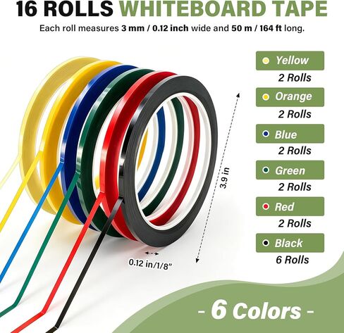 16 Rolls Whiteboard Tape, 1/8 Inch Dry Erase Board Tape, 164 Ft per Roll, 2624 Ft Total, Thin Pinstripe Tape for White Board Lines, Grid Marking, Chart Tape, Black & Assorted Colors in Saudi Arabia