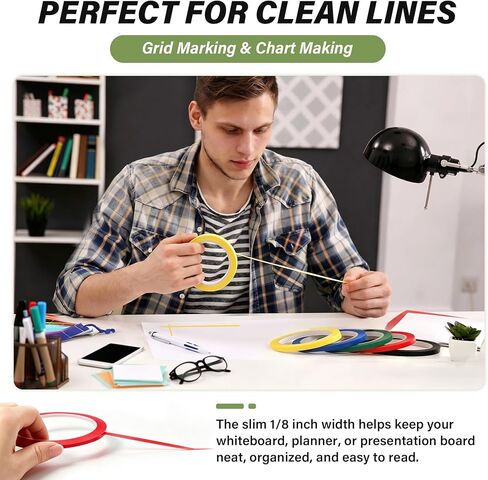16 Rolls Whiteboard Tape, 1/8 Inch Dry Erase Board Tape, 164 Ft per Roll, 2624 Ft Total, Thin Pinstripe Tape for White Board Lines, Grid Marking, Chart Tape, Black & Assorted Colors in Saudi Arabia
