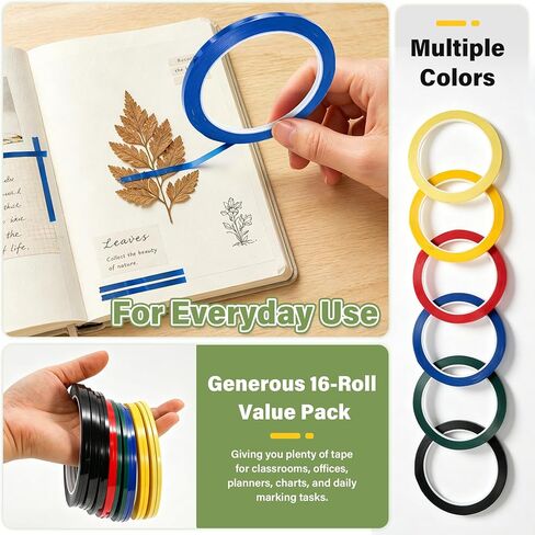 16 Rolls Whiteboard Tape, 1/8 Inch Dry Erase Board Tape, 164 Ft per Roll, 2624 Ft Total, Thin Pinstripe Tape for White Board Lines, Grid Marking, Chart Tape, Black & Assorted Colors in Saudi Arabia