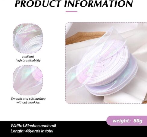 40 Yards Iridescent Organza Ribbons Sheer Craft Decorative Ribbons Shiny Chiffon Ribbon for Gift Wrapping Floral Bouquets Wedding Home Decorations(1.57 Inch Wide) in Kuwait