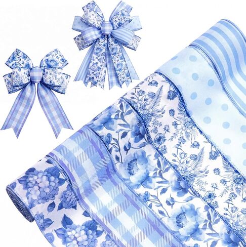 6 Rolls 2.5 Inch Blue and White Ribbon Chinoiserie Floral Wired Ribbon, 30 Yards Decorative Craft Floral Plaid Stripe Flower Ribbons for Gift Wrapping DIY Wedding Birthday Party Decor in Saudi Arabia