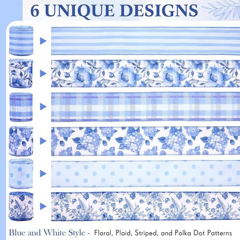 6 Rolls 2.5 Inch Blue and White Ribbon Chinoiserie Floral Wired Ribbon, 30 Yards Decorative Craft Floral Plaid Stripe Flower Ribbons for Gift Wrapping DIY Wedding Birthday Party Decor in Saudi Arabia