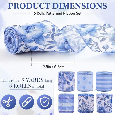 6 Rolls 2.5 Inch Blue and White Ribbon Chinoiserie Floral Wired Ribbon, 30 Yards Decorative Craft Floral Plaid Stripe Flower Ribbons for Gift Wrapping DIY Wedding Birthday Party Decor in Saudi Arabia
