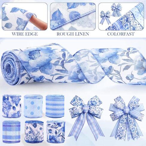 6 Rolls 2.5 Inch Blue and White Ribbon Chinoiserie Floral Wired Ribbon, 30 Yards Decorative Craft Floral Plaid Stripe Flower Ribbons for Gift Wrapping DIY Wedding Birthday Party Decor in Saudi Arabia