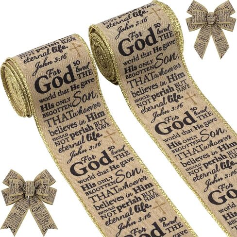 John 3:16 Wired Ribbon 2.5 Inch Religious Easter Decor, Rustic Faux Burlap Scripture Fabric for Christian Wreaths Bows, 2 Rolls x 5 Yards in Saudi Arabia