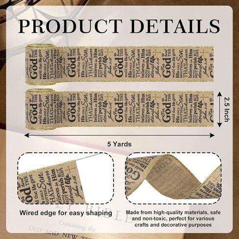 John 3:16 Wired Ribbon 2.5 Inch Religious Easter Decor, Rustic Faux Burlap Scripture Fabric for Christian Wreaths Bows, 2 Rolls x 5 Yards in Saudi Arabia