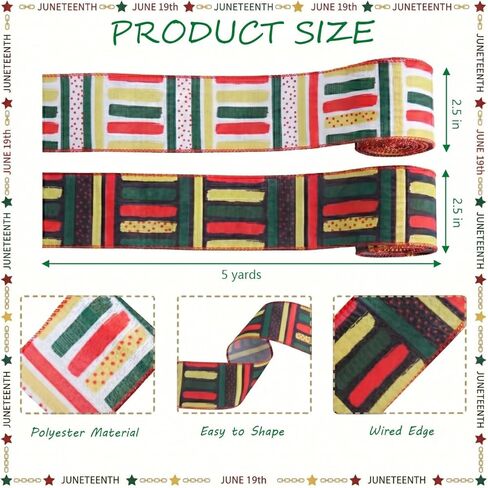 2 Rolls 10 Yards Juneteenth and Kwanzaa Ribbon for Wreath Bows Gift Wrapping DIY Crafts, Black & African American 1865 Freedom Day Wired Ribbons for Black History Month Party Decoration 2.5" in Saudi Arabia