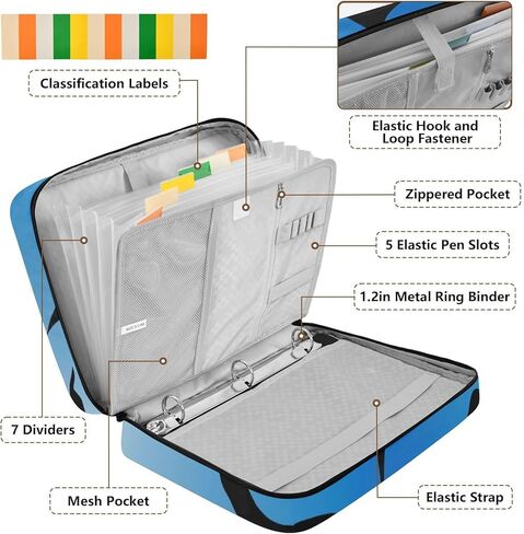 ALAZA Blue Tiger Stripes Black Pattern 3 Ring Binder Bag with 7-Pocket Accordion File Organizer, Letter Size, Expandable Filing Folder Portfolio & Case Ring Binders in Kuwait