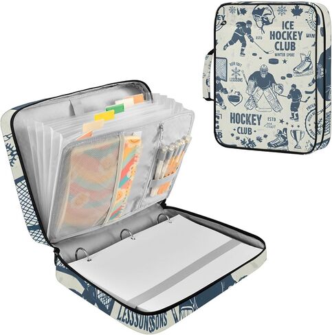 ALAZA Vintage Hockey Player 3 Ring Binder Bag with 7-Pocket Accordion File Organizer, Letter Size, Expandable Filing Folder Portfolio & Case Ring Binders in Kuwait