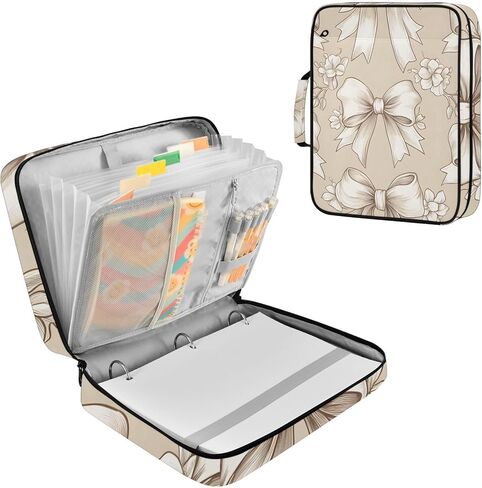 ALAZA Bow Pattern Beige Flower 3 Ring Binder Bag with 7-Pocket Accordion File Organizer, Letter Size, Expandable Filing Folder Portfolio & Case Ring Binders in Kuwait