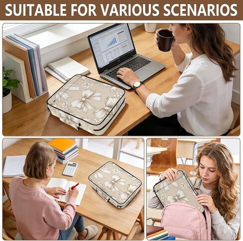ALAZA Bow Pattern Beige Flower 3 Ring Binder Bag with 7-Pocket Accordion File Organizer, Letter Size, Expandable Filing Folder Portfolio & Case Ring Binders in Kuwait
