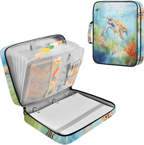 حقيبة ALAZA Marine Animals Turtle 3 Ring Binder مع منظم ملفات الأكورديون 7 جيوب، حجم الحروف، محفظة ملفات قابلة للتوسيع ومجلدات حلقية in Kuwait