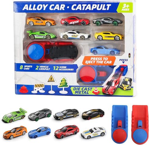 Die Cast Toy Cars with 2 Catapult Launchers, 8 Pack 1:64 Alloy Mini Race Cars with Traffic Sign Accessories and Stickers, Metal Car Playset for Boys Girls Ages 3+, Birthday Party Favor Gift in Saudi Arabia